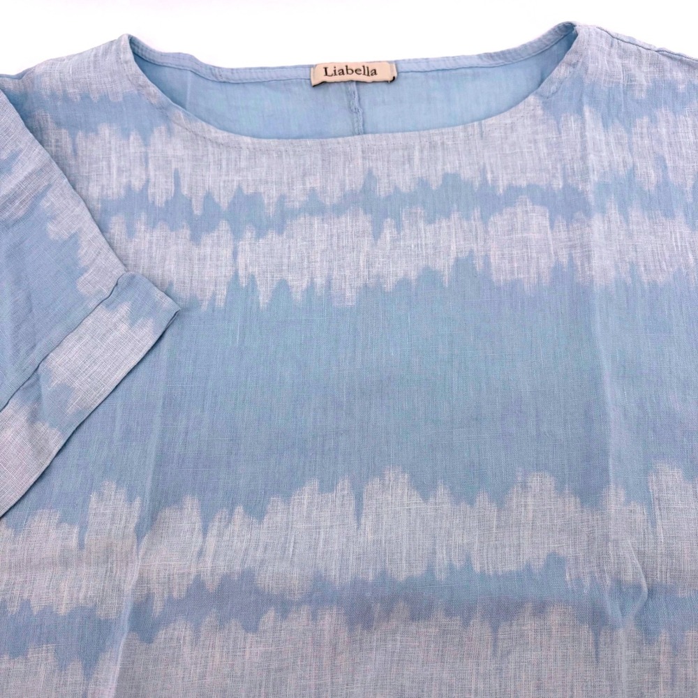 Liabella Blue White Linen Top‎ Made Italy Short Sleeve Boat Neck Tunic One Size